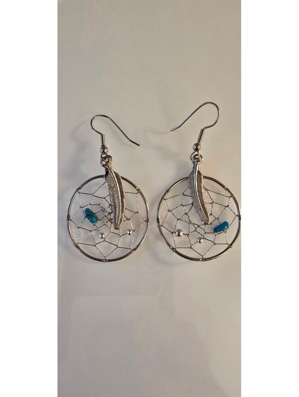 Dreamcatcher Feather Dangle Earrings Silver Tone Turquoise Blue Boho